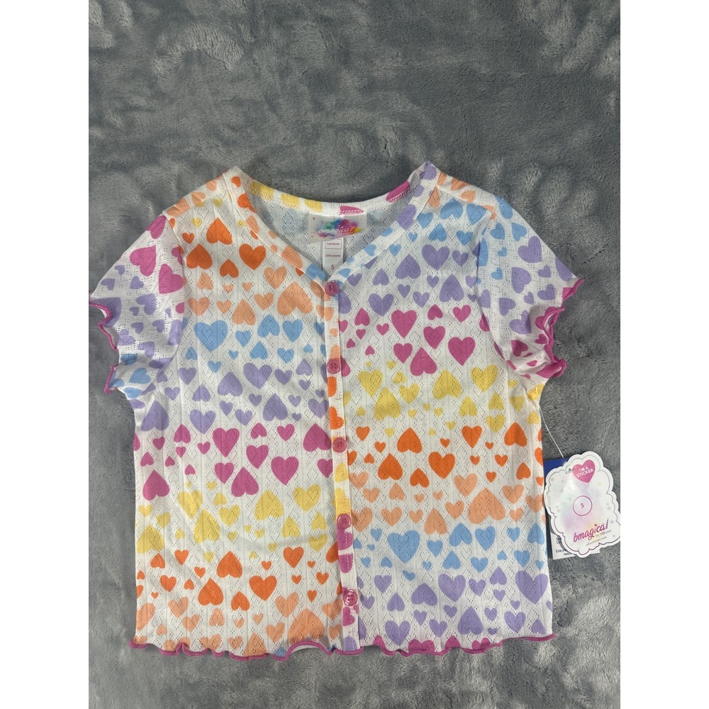 Bmagical Kids Rainbow Heart Pointelle‎ Button Front Pajama Top Size 5 NWT